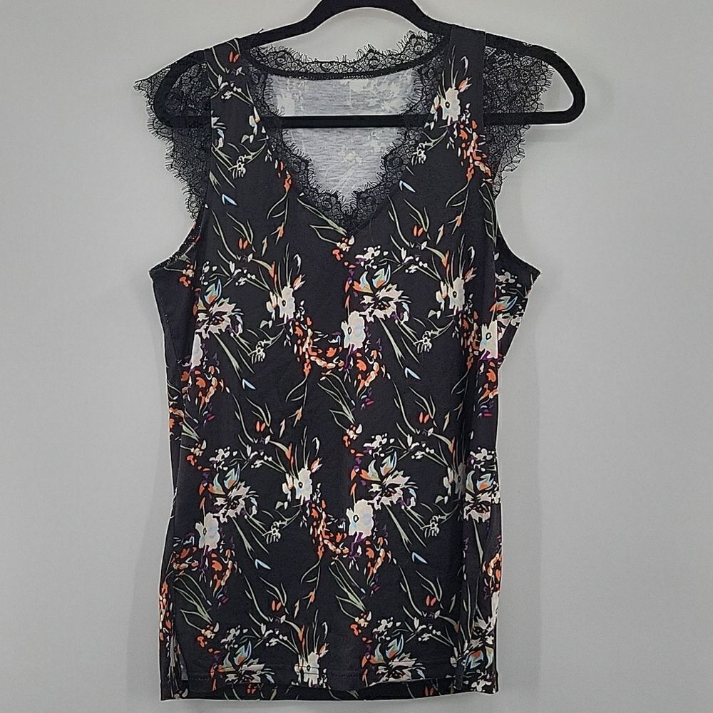 3 For$20 Unbranded Black top w/ multi color flowers  & Lace  size S
